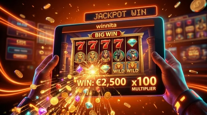 Dettaglio di una slot online su tablet con simboli allineati e vincita in euro