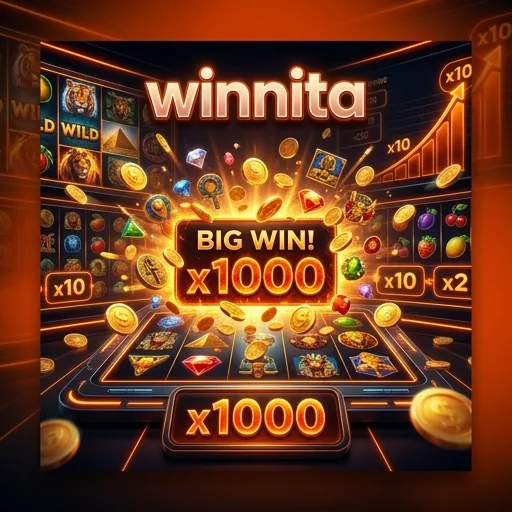 Schermata di una slot Winnita con rulli allineati su una vincita e pioggia di monete dorate su smartphone